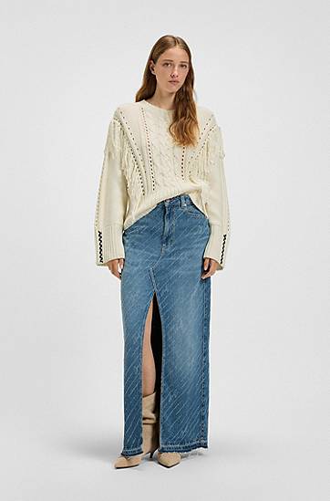 Sveter BOSS Cable Knit Sweater with Fringe Biela | 50543949, 1