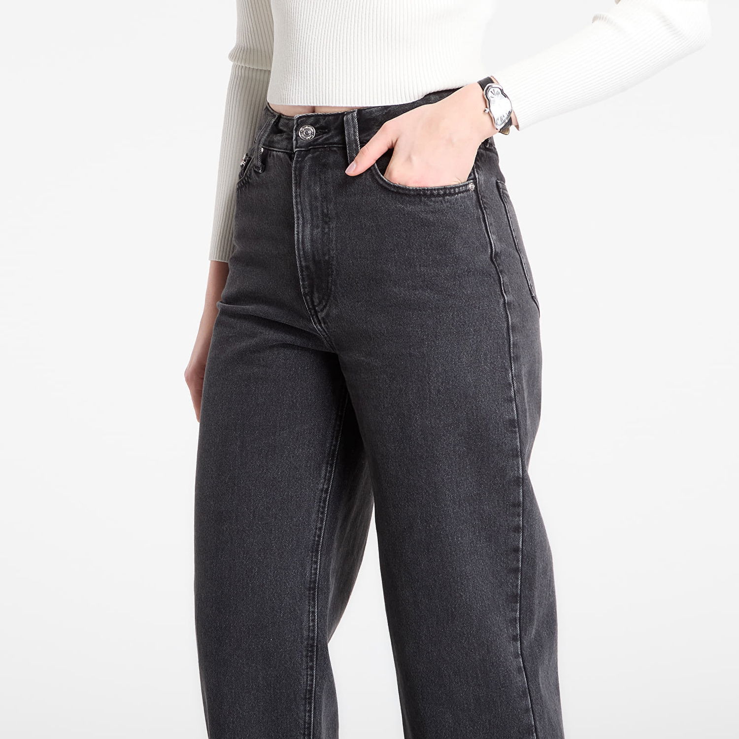 Džínsy CALVIN KLEIN High-Waisted Cropped Wide Leg Barrel Jeans Čierna | LV047E627G 846, 1