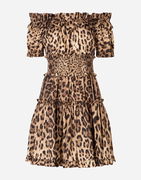 Short Off-the-Shoulder Ruffled Smocked Tiered Leopard-Print Poplin Dress