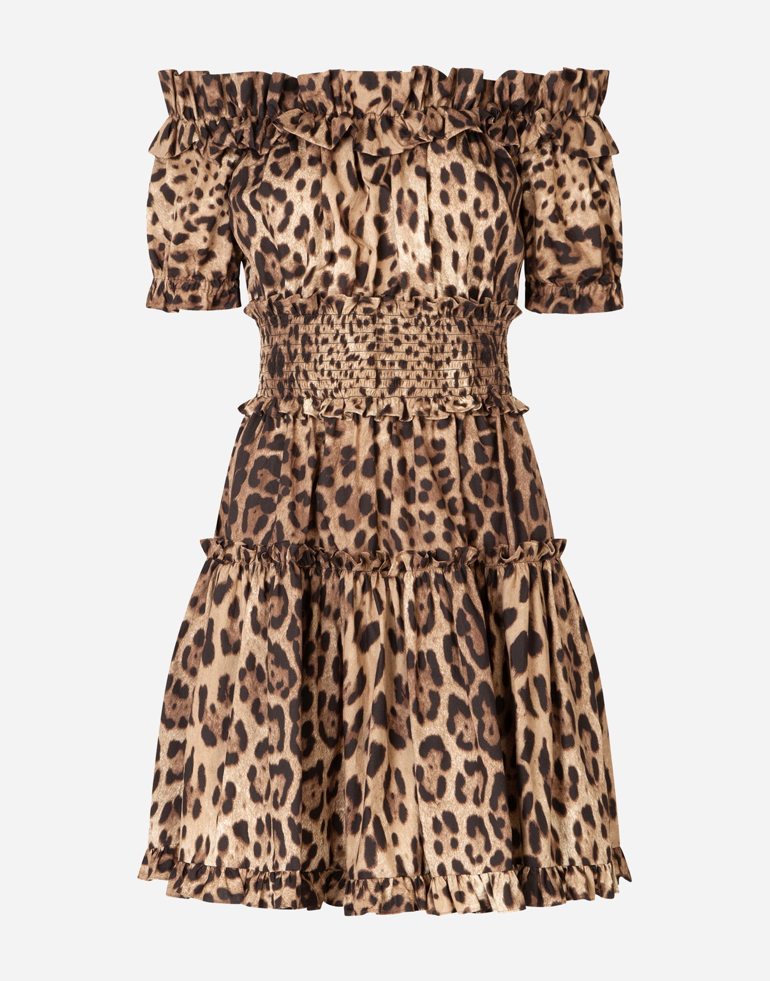 Šaty Dolce & Gabbana Short Off-the-Shoulder Ruffled Smocked Tiered Leopard-Print Poplin Dress Rôznofarebný | F6A0UTHS5E3HY13M, 0