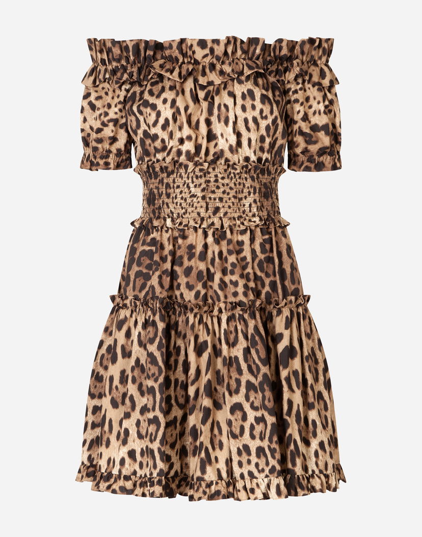 Šaty Dolce & Gabbana Short Off-the-Shoulder Ruffled Smocked Tiered Leopard-Print Poplin Dress Rôznofarebný | F6A0UTHS5E3HY13M