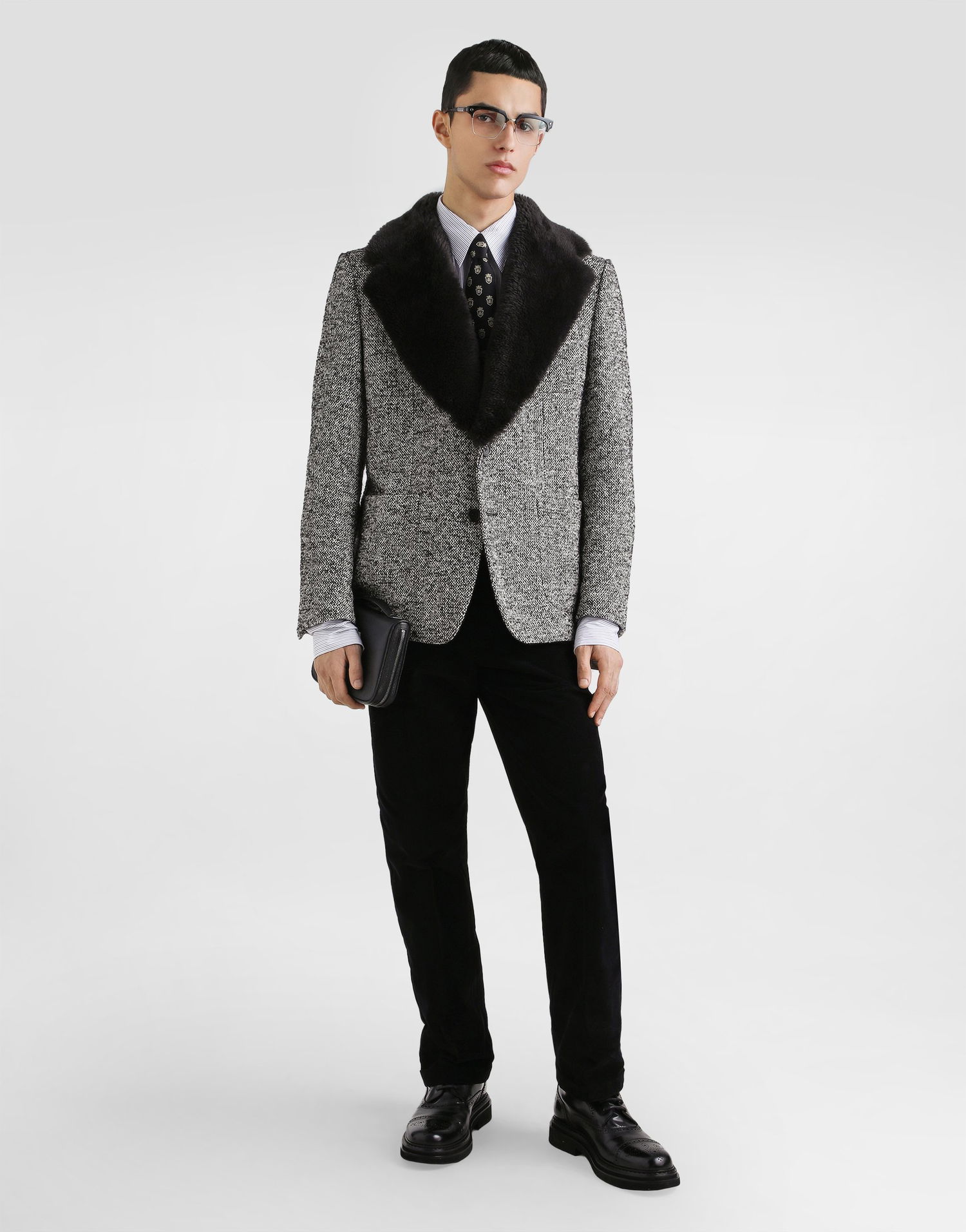 Bunda Dolce & Gabbana Dolce & Gabbana Single-Breasted Dotted Wool Jacket with Fur Collar Šedá | G2VJ9ZFMZAKS8030, 1
