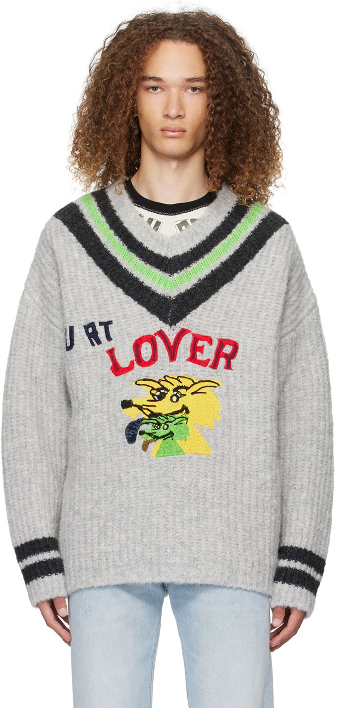 Sveter ERL 'Hurt Lover' Graphic V-Neck Sweater Šedá | ERL07N004, 0