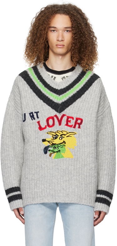 Sveter ERL 'Hurt Lover' Graphic V-Neck Sweater Šedá | ERL07N004, 0