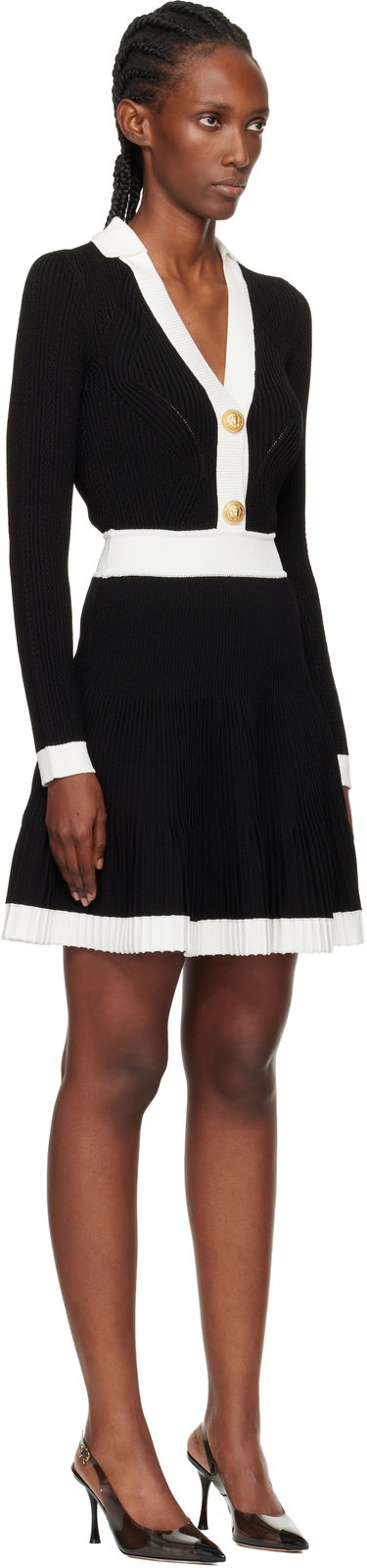 Šaty Balmain Pointelle V-Neck Long-Sleeve Button-Front Pleated Minidress Rôznofarebný | FF1R9858KI64, 1
