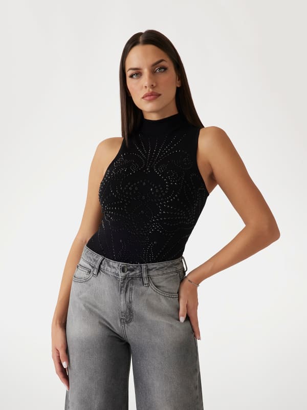 Tielko GUESS Sleeveless Rhinestone Top Čierna | W5RR33Z2YK2, 0