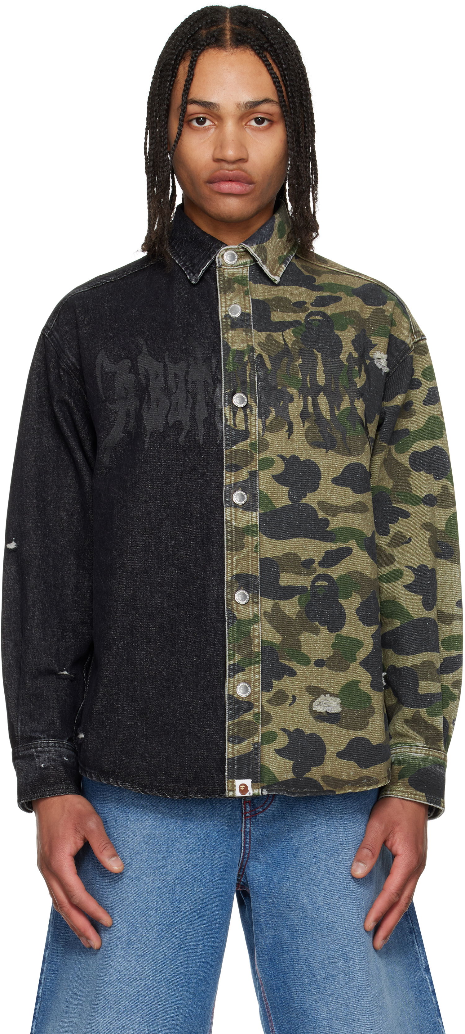 Košeľa BAPE A Bathing Ape 1st Camo Destroyed Denim Shirt Zelené | 001SHL301312M, 0