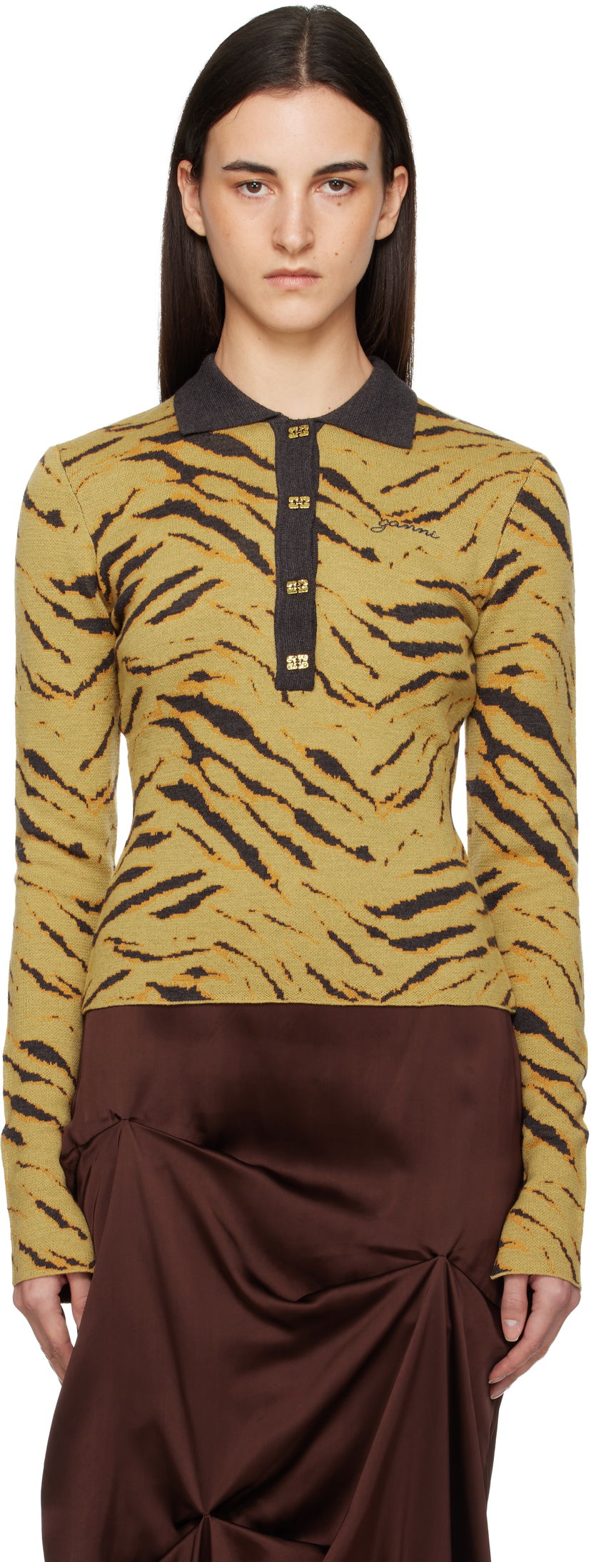 Polo tričko GANNI Fine Merino Jacquard Tiger Print Long Sleeve Polo Rôznofarebný | K2600