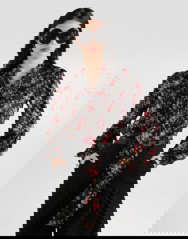 Košeľa Dolce & Gabbana Dolce & Gabbana Small Rose Bouquet-print Satin Pussy-bow Shirt Čierna | F5T17TFSA8GHN5XP, 3