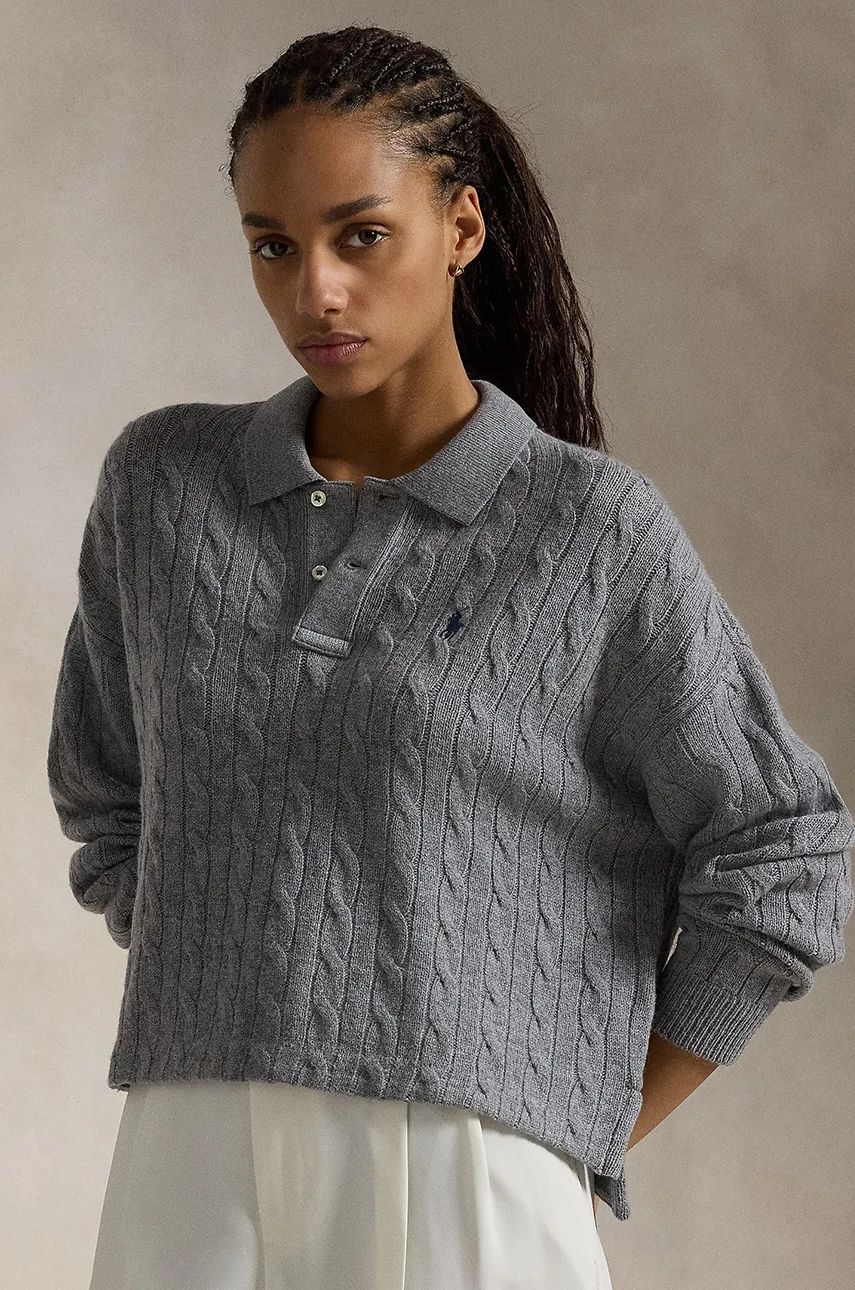 Sveter Polo by Ralph Lauren Cable-Knit Wool Cropped Sweater Šedá | 211910158, 0