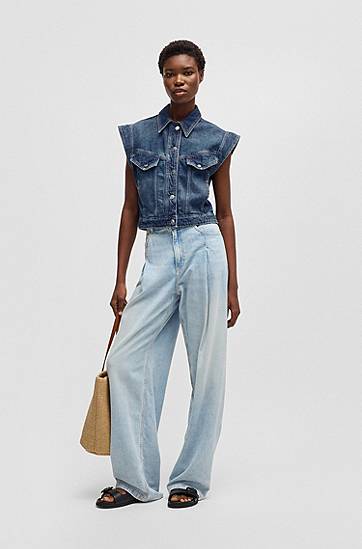 Vesta BOSS Boxy Sleeveless Denim Jacket Modrá | 50534189, 1