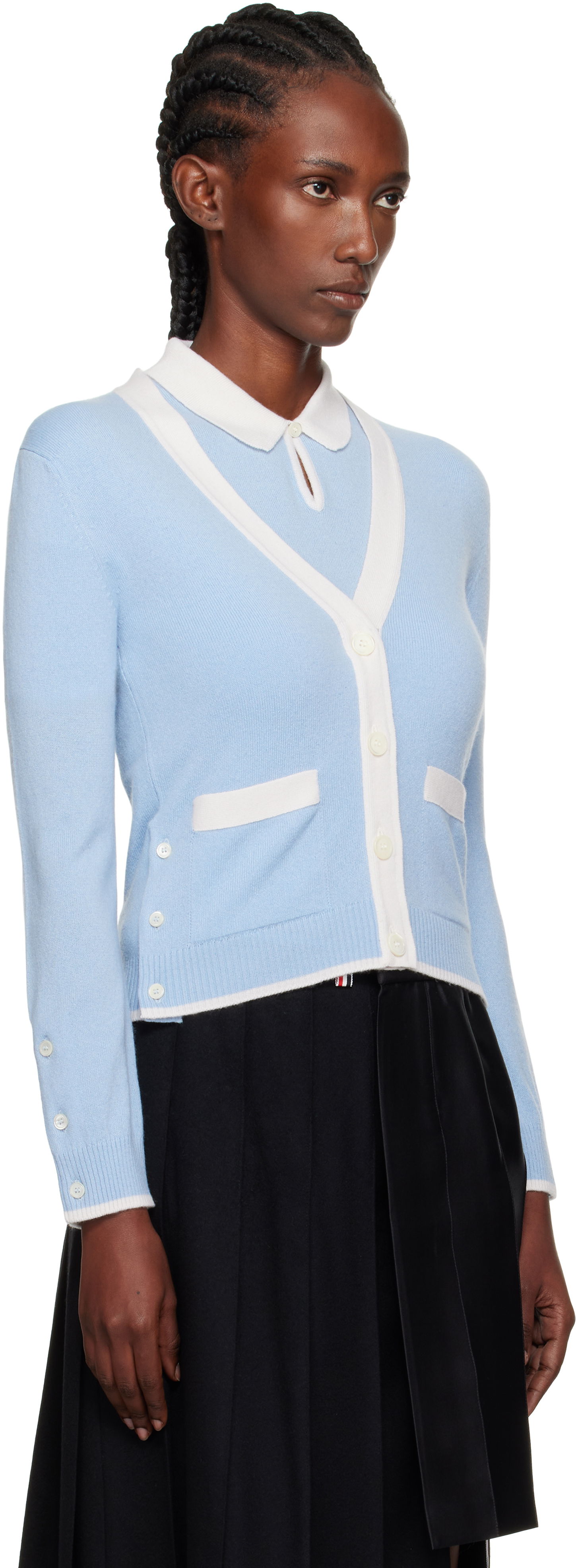 Sveter Thom Browne Thom Browne Jersey Stitch Cashmere V-Neck Cardigan Modrá | FKC581A-Y2001, 1