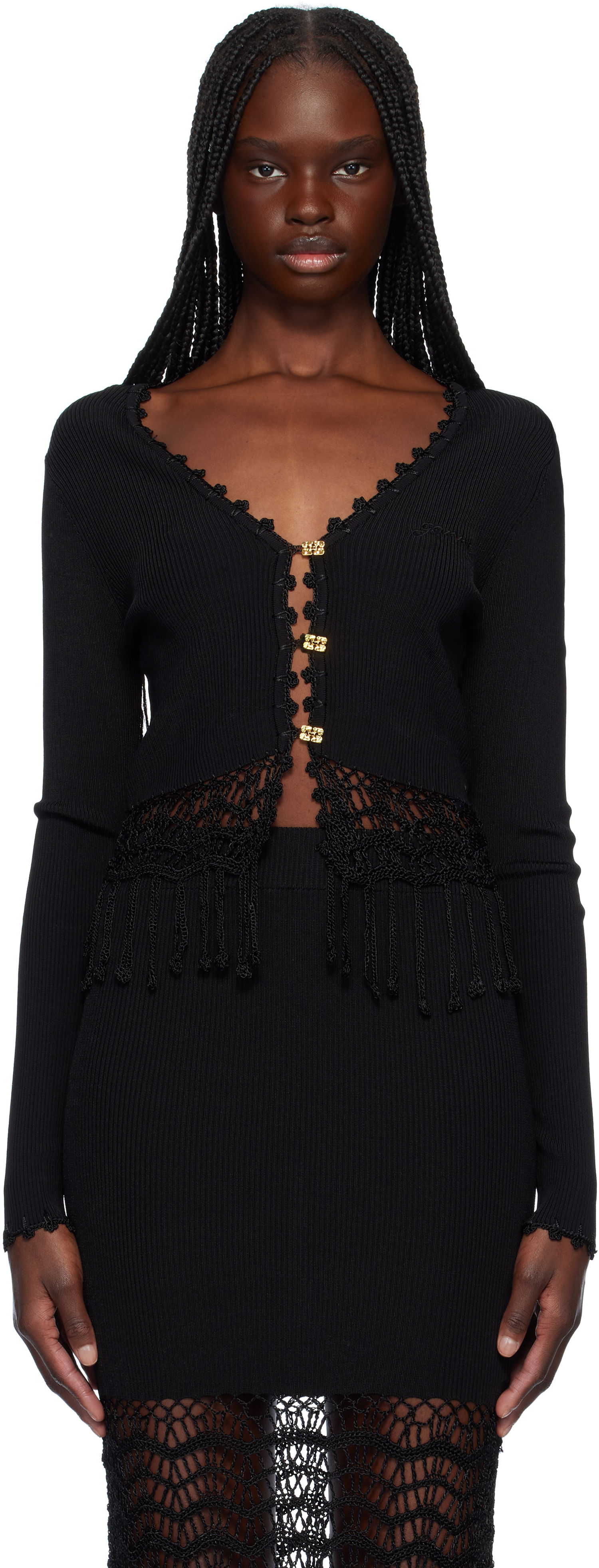 Sveter GANNI Ganni Shiny Viscose Crochet Cardigan Čierna | K2433, 0