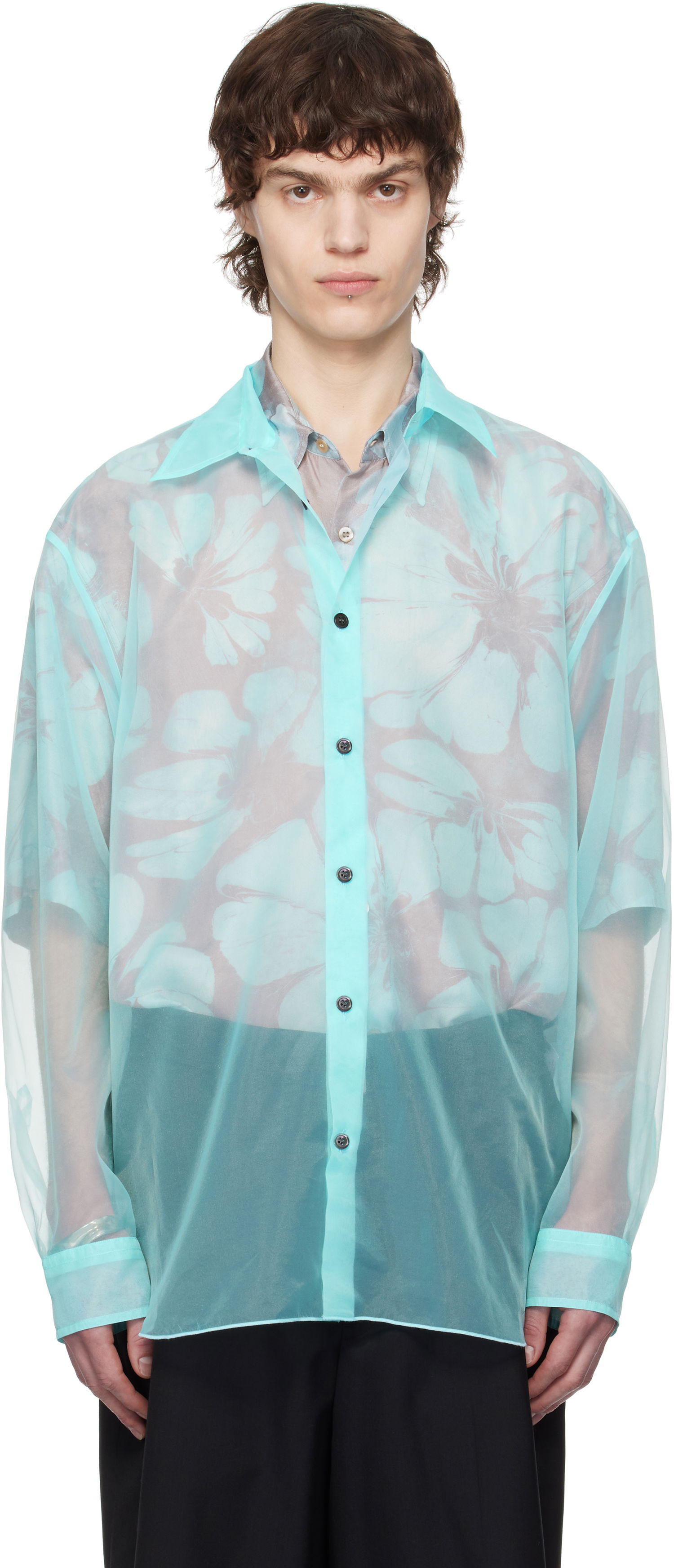 Košeľa Dries Van Noten Dries Van Noten Organza Floral-Print Shirt Tyrkysová | 251-020732-1501, 0