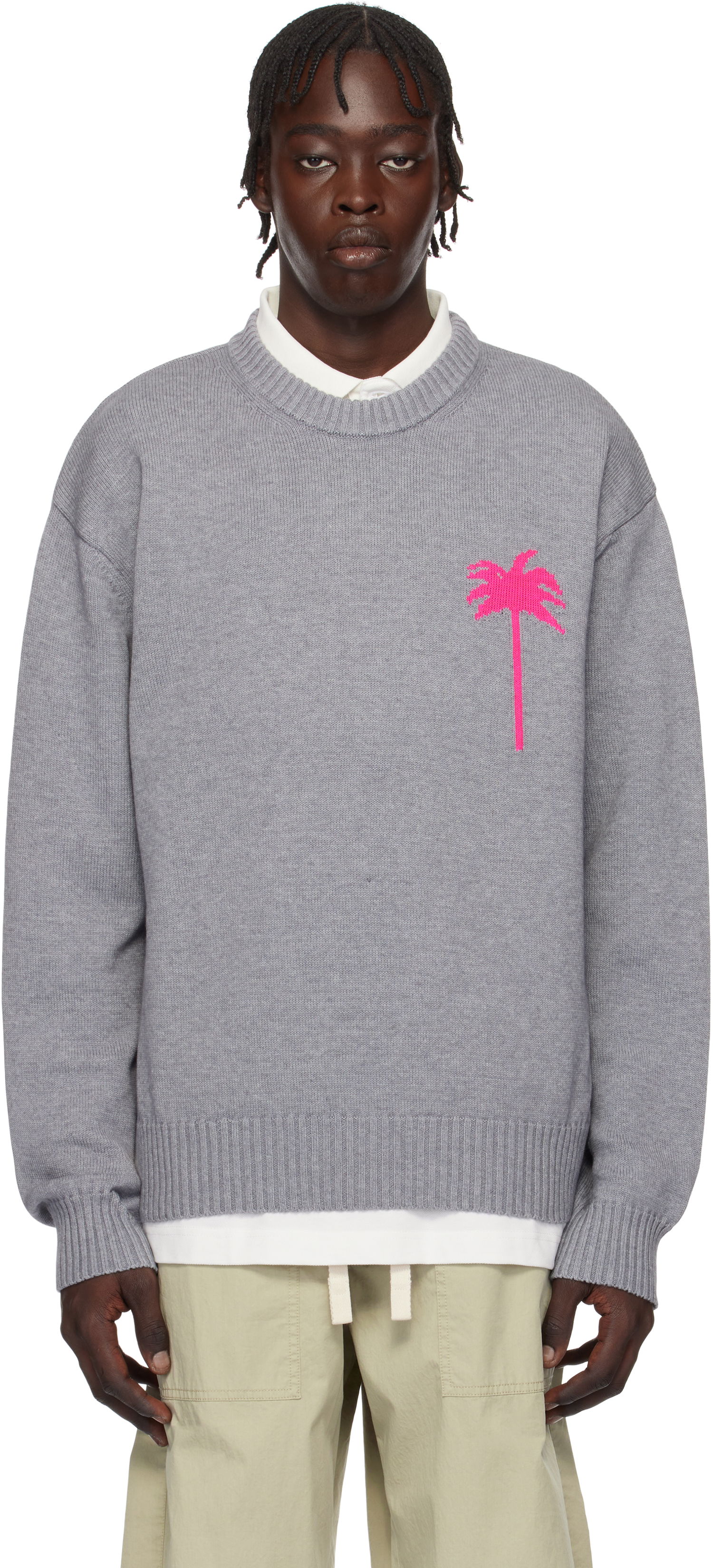 Sveter Palm Angels Knit Sweater With Palm Tree Embroidery Šedá | PMHE080S25KNI0010832, 0