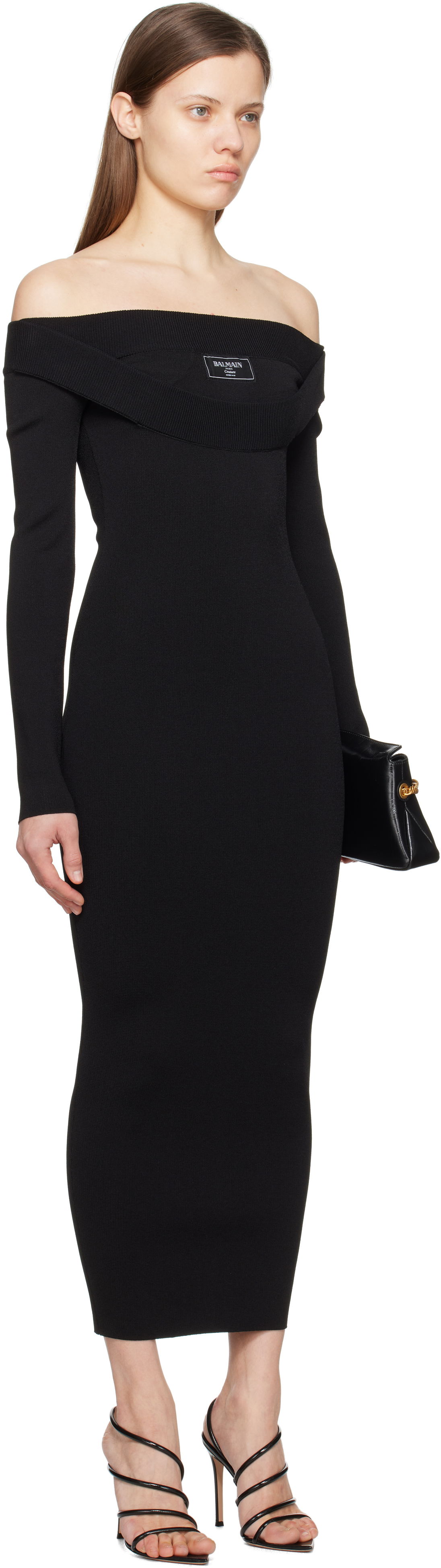 Šaty Balmain Balmain Plain Knit Off-The-Shoulder Maxi Dress Čierna | EF1RL109KH82, 1