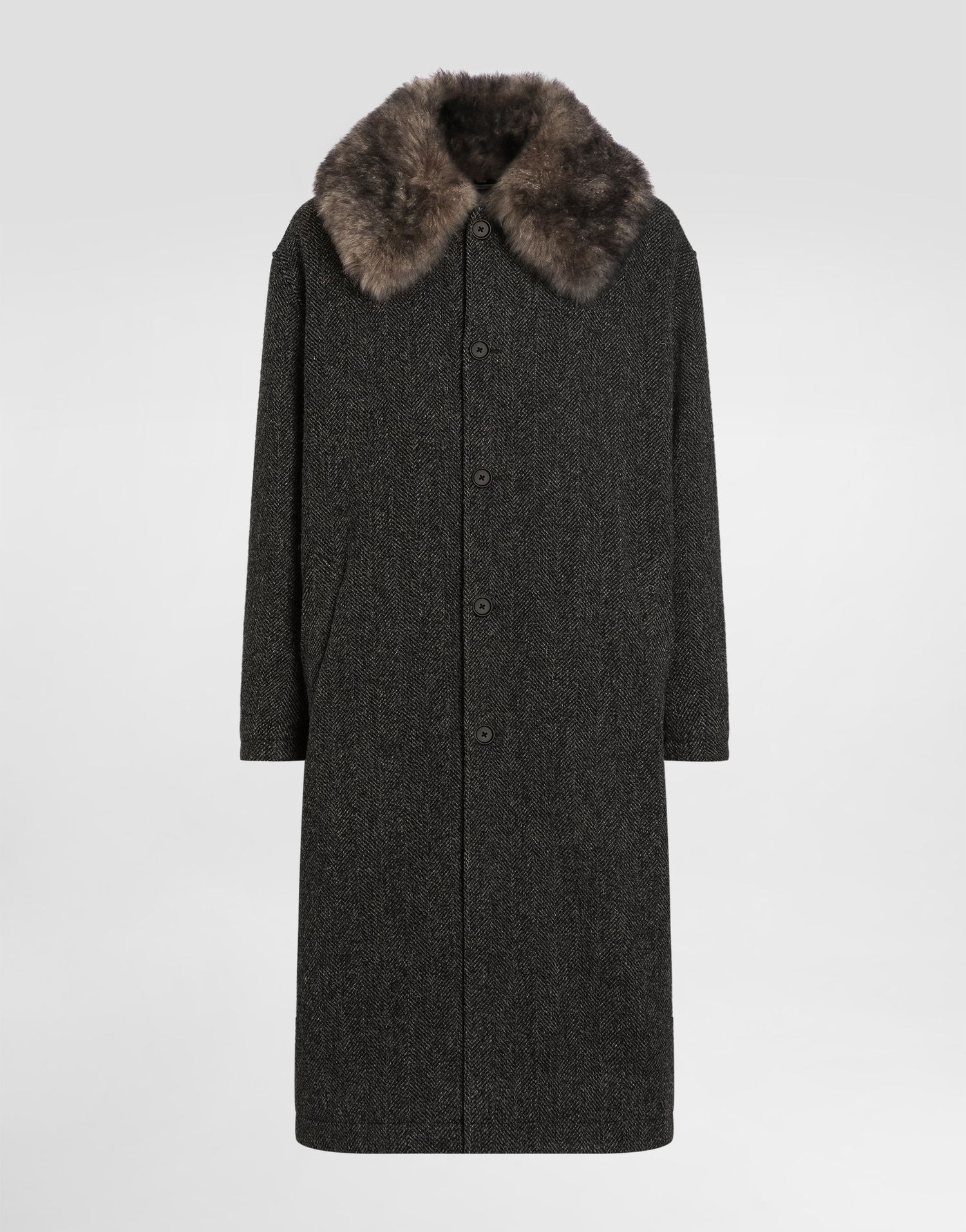 Kabáty Dolce & Gabbana Wool Chevron Coat with Fur Collar Šedá | G047VZFC2E6S8030, 0