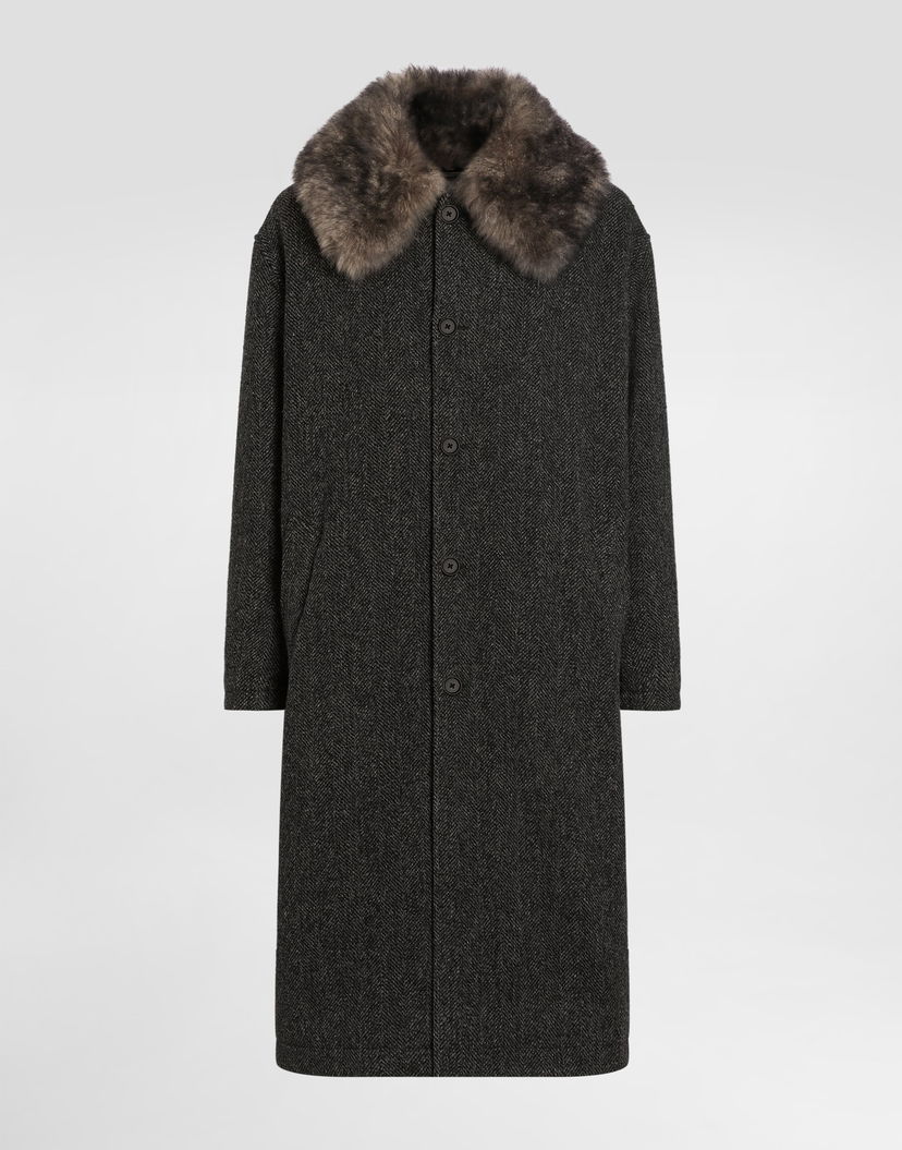 Kabáty Dolce & Gabbana Wool Chevron Coat with Fur Collar Šedá | G047VZFC2E6S8030
