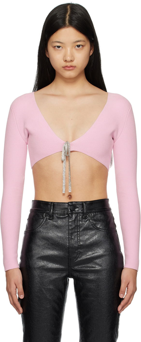 Crop Top Alexander Wang Cropped Cardigan With Crystal Tie Ružová | 1KC1233033, 0